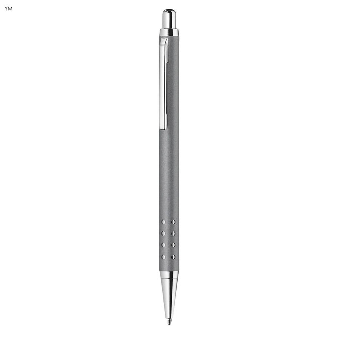 A metal pen in grey with a sleek design and a silver clip, featuring a textured grip. It has a branding logo.