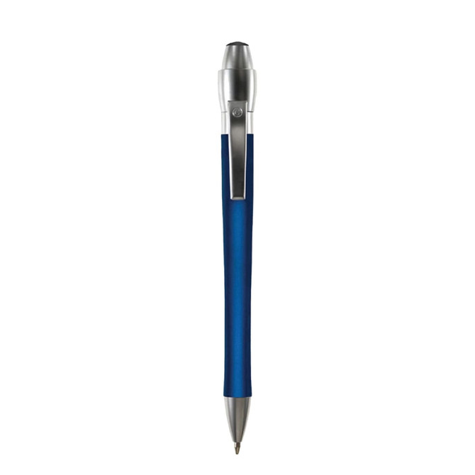 A blue metal pen with a silver clip and tip, featuring a logo on the body.