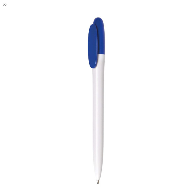 A plastic pen in white with a blue grip and top, featuring a logo on the barrel.