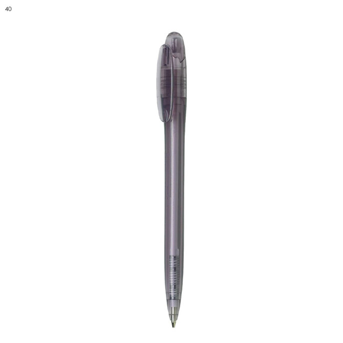 A plastic pen in a clear casing with a purple tint and a retractable tip, featuring a logo on its body.