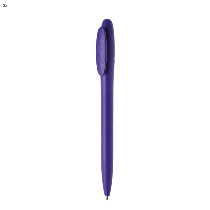 A purple plastic pen with a smooth finish and a clip for easy attachment. The pen features a branding logo.