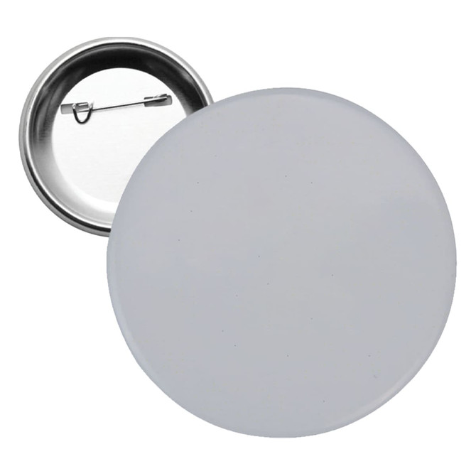 A round 75mm button badge in silver with a glossy surface and a metal pin backing.