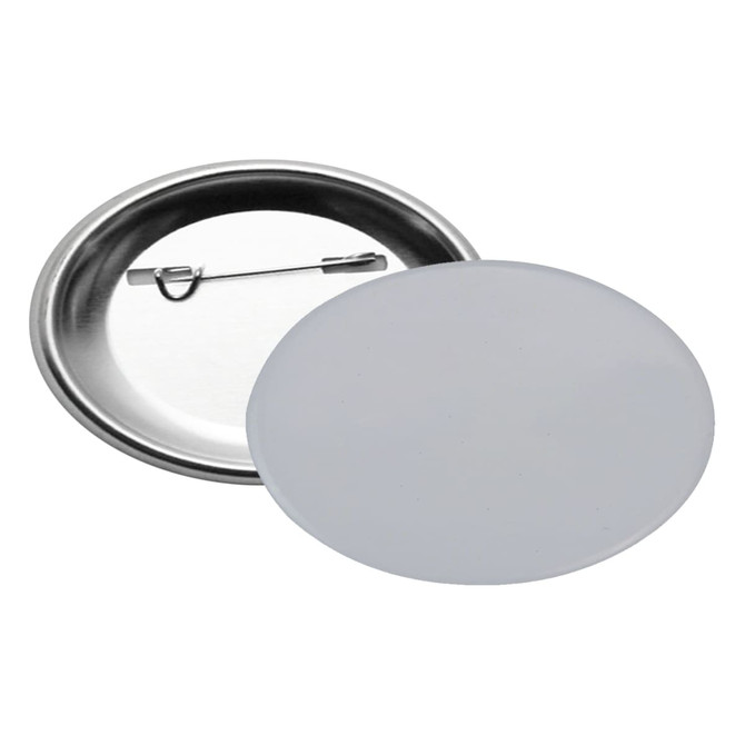 An oval button badge with a silver back and a pin fastening, featuring a plain white surface.