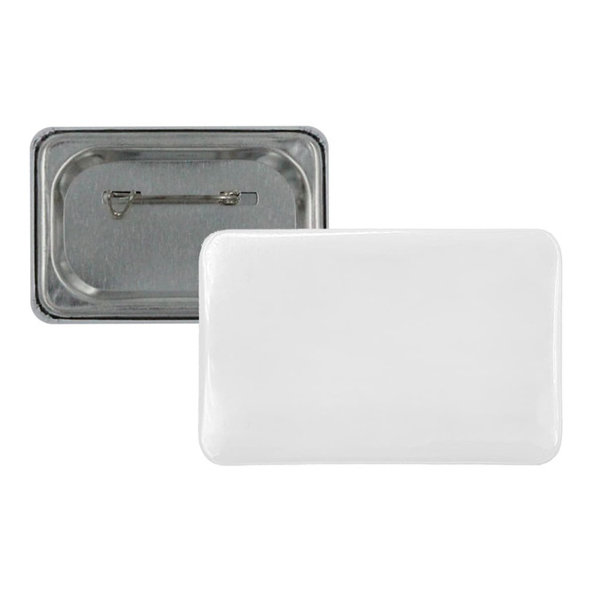 A rectangular button badge in white with a silver backing and safety pin attachment.