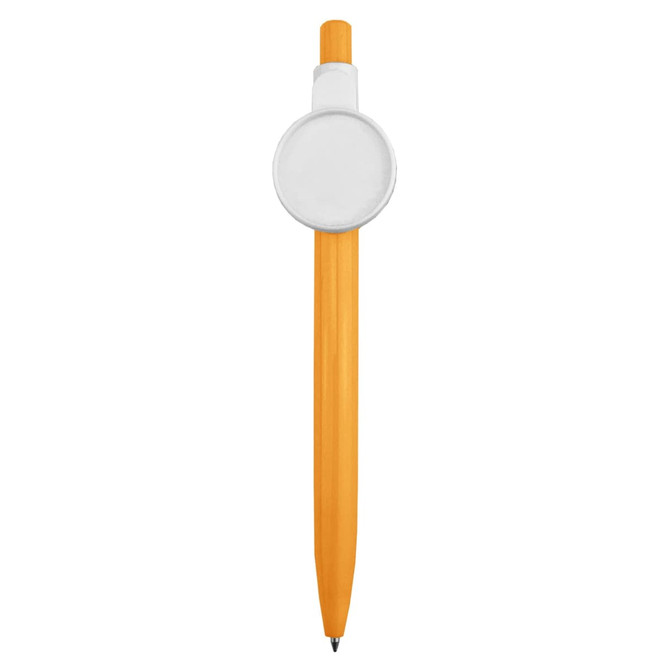 An orange plastic pen featuring a circular white button at the top. It has a logo displayed on the button.