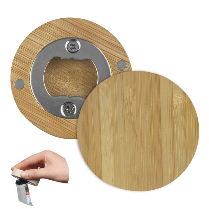 A drink bottle opener featuring a bamboo exterior and a stainless steel opening mechanism, accompanied by a hand holding it.