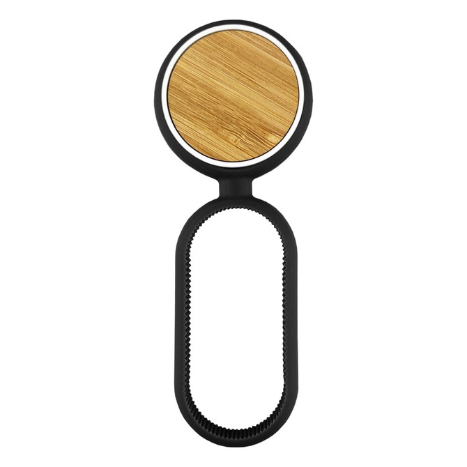 A drink bottle opener featuring a circular bamboo top and a black rubber grip, designed for easy use.