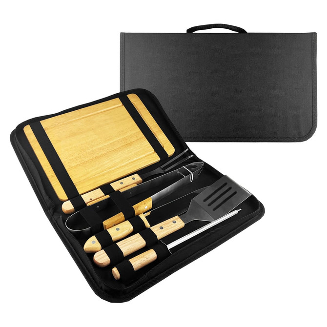 A BBQ set featuring stainless steel tools with wooden handles and a black carrying case. Includes spatula, tongs, and knife.