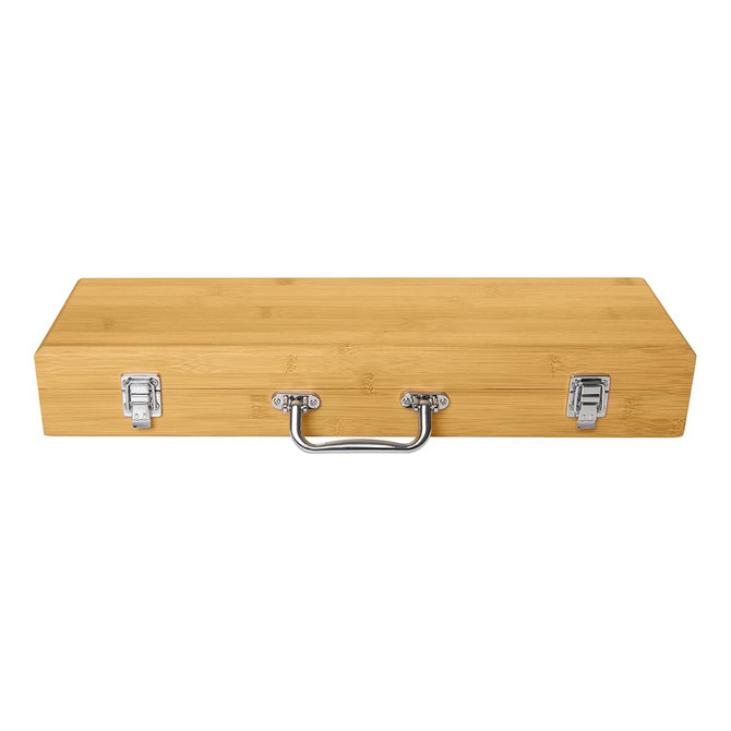 A bamboo storage case with a silver handle and clasp closures, designed for BBQ tools and accessories.