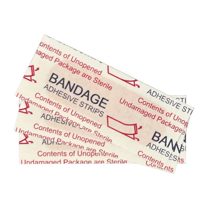 Adhesive bandage strips with a sterile packaging design in a beige and red colour scheme, featuring branding elements.