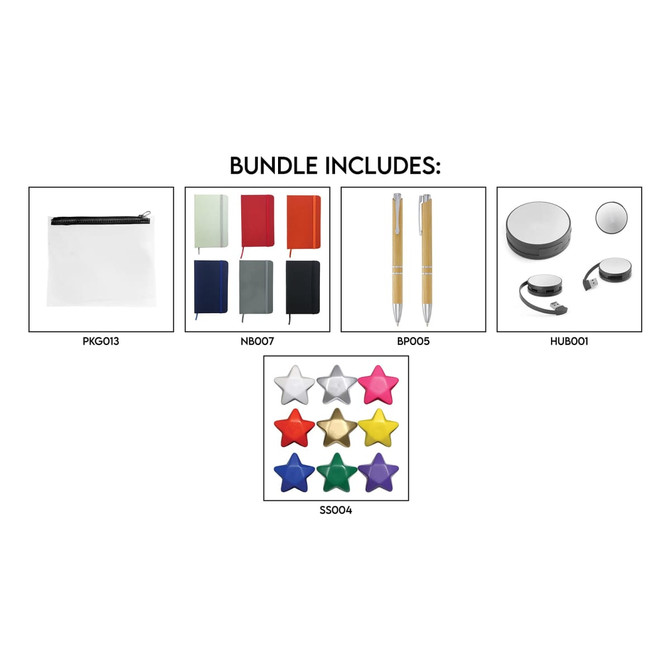 A clear zip pouch, four notebooks in various colours, two pens, a speaker, headphones, and multi-coloured star-shaped pins.