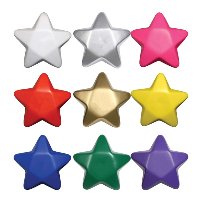 A collection of star-shaped magnets in white, silver, pink, red, gold, yellow, green, and purple.