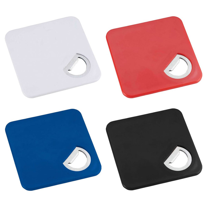 A set of four square bottle openers in white, red, blue, and black, each featuring a built-in bottle opener.