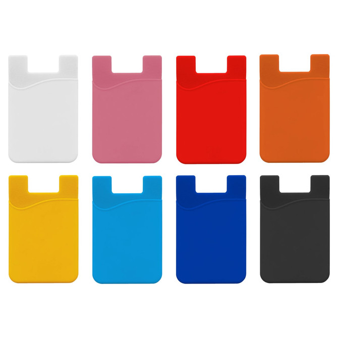 A set of eight credit card holders in white, pink, red, orange, yellow, blue, black, and dark blue. Each holder has a logo.