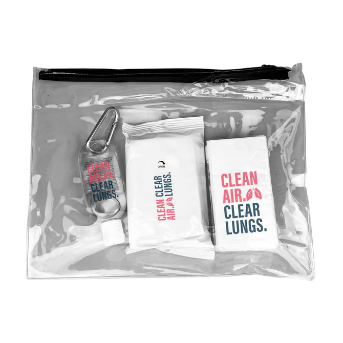 A transparent pouch containing a hand sanitiser, wipes, and a small pouch, featuring various colours and a logo.