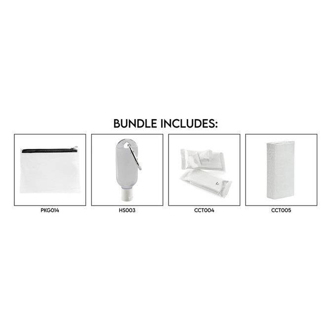 A clear pouch, a grey hand sanitiser, and several white hygiene packets. The bundle is packaged together.