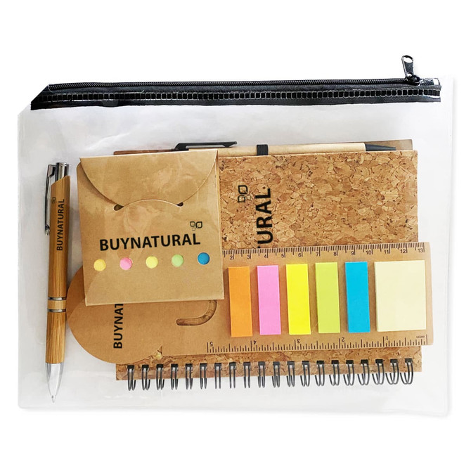 A clear pouch containing a cork notebook, sticky notes in various colours, a pen, and a small organiser.