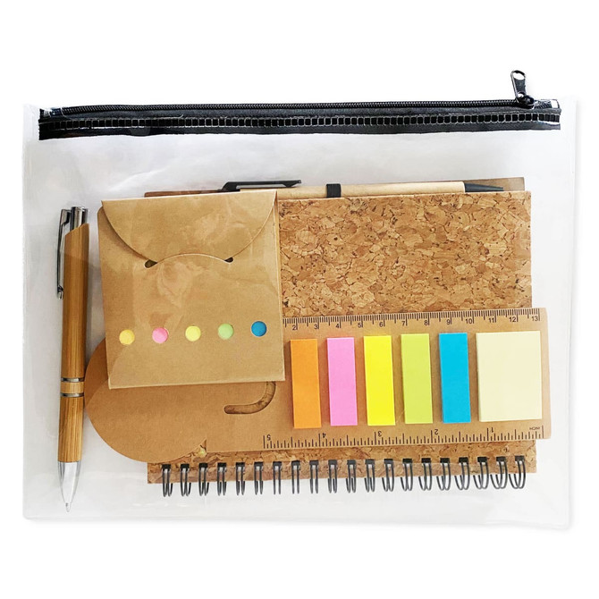 A transparent pouch containing a cork notebook, sticky notes in various colours, a pen, and a small envelope.