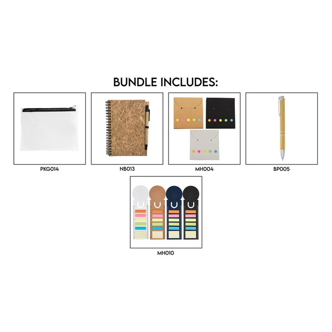 A white zip pouch, cork notebook, coloured sticky notes, a gold pen, and colourful sticky flags are included in the eco-friendly bundle.