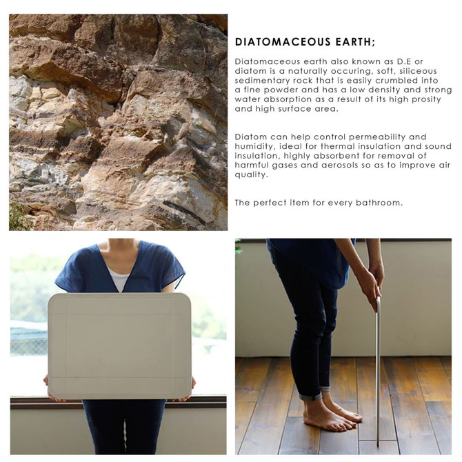 A light grey bath mat made from diatomaceous earth, with a sleek design and a subtle texture, featuring a logo.