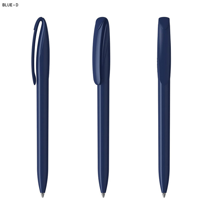 A set of navy blue plastic pens with a sleek design and clip feature, showcasing three different angles.
