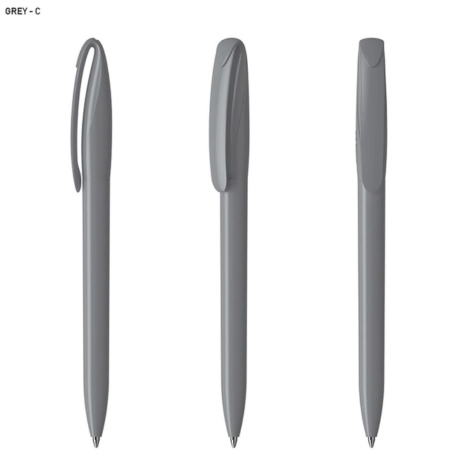 A grey plastic pen with a smooth curved design, featuring a clip and rounded tip, displayed from multiple angles.