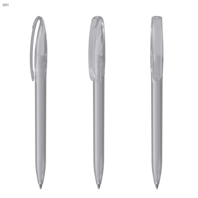 A set of transparent plastic pens in various orientations, featuring a clip and a sleek design.
