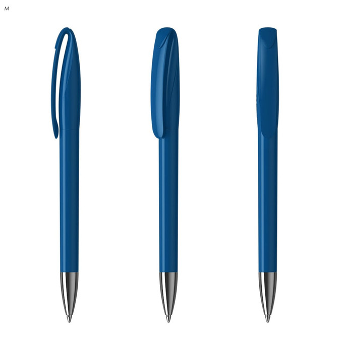 A blue plastic pen with a smooth grip and a chrome tip, featuring a clip and a rounded cap.
