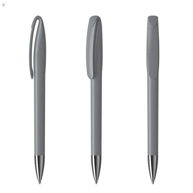 A grey plastic pen with a smooth design and chrome tip, featuring a clip and a logo.