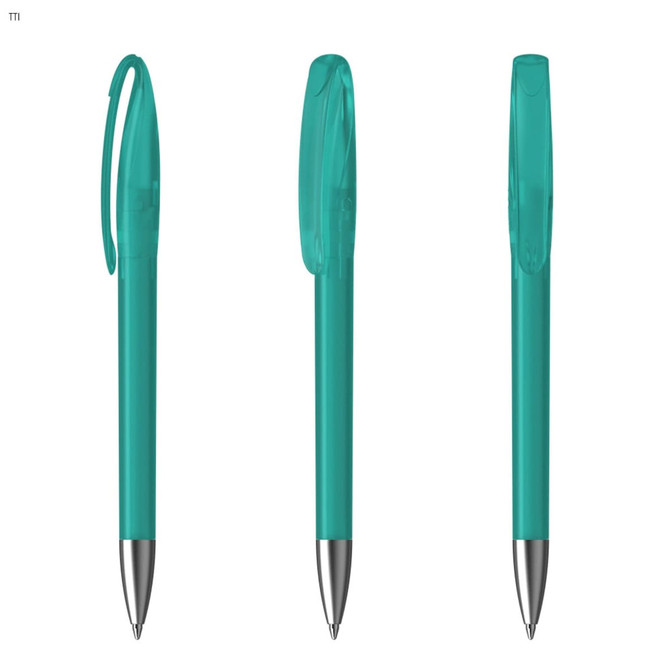 A set of turquoise plastic pens with silver tips and transparent caps, featuring a logo on the side.