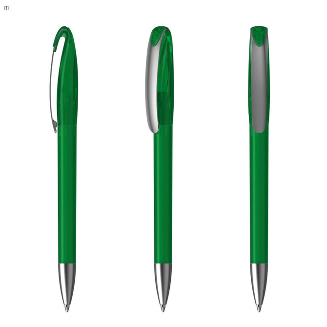 A set of green plastic pens showcasing different angles, featuring a clip and a silver-toned tip.