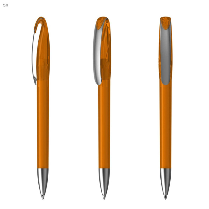 An orange plastic pen with a silver clip, displayed from three angles, featuring a sleek design.