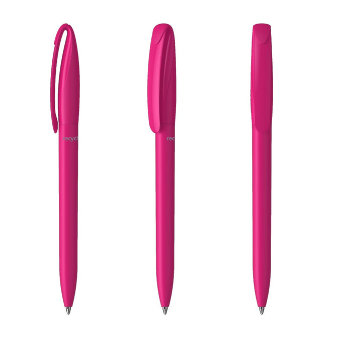 A set of three pink plastic pens with smooth designs and a recycling logo on the side.