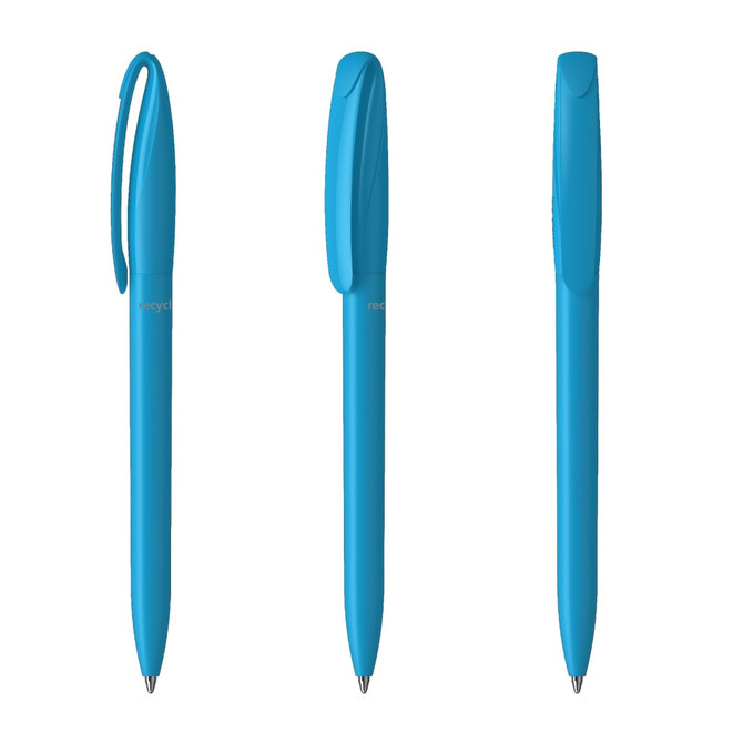 Three blue plastic pens displayed from different angles, featuring a sleek design and a branding logo.