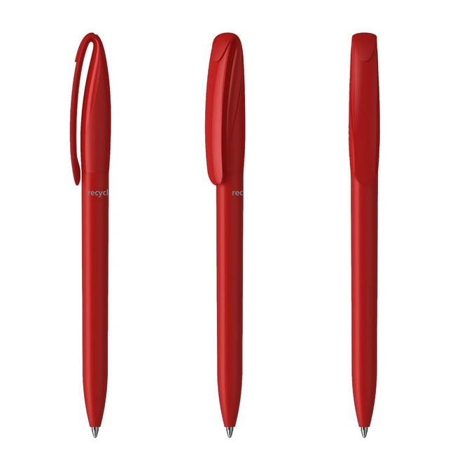 A set of three red plastic pens featuring a streamlined design and clip. Each pen has a smooth finish and branding.