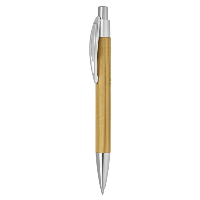 A bamboo pen with a silver clip and tip, featuring a smooth wooden shaft.