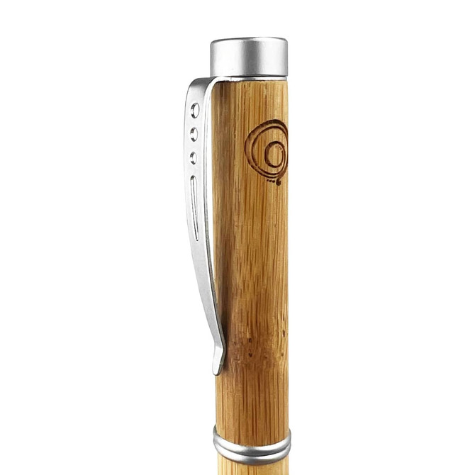 A bamboo pen with a silver metal clip, featuring a logo on the barrel.