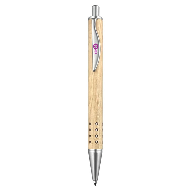 A natural wood pen featuring a silver metal tip and clip, with a decorative pattern along the barrel.