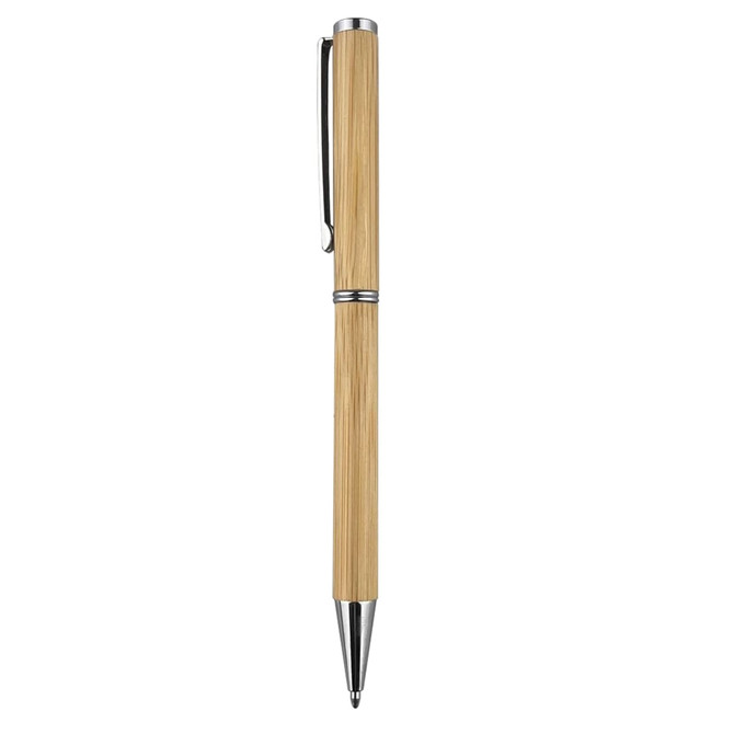 A bamboo pen with a silver metal clip and accents, featuring a sleek design for writing.