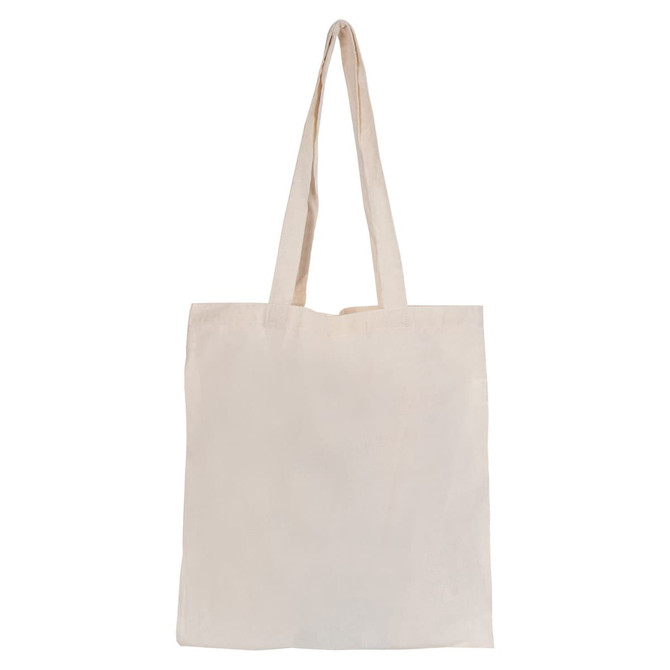 A plain natural-coloured tote bag with two handles and no gusset, featuring a logo on one side.