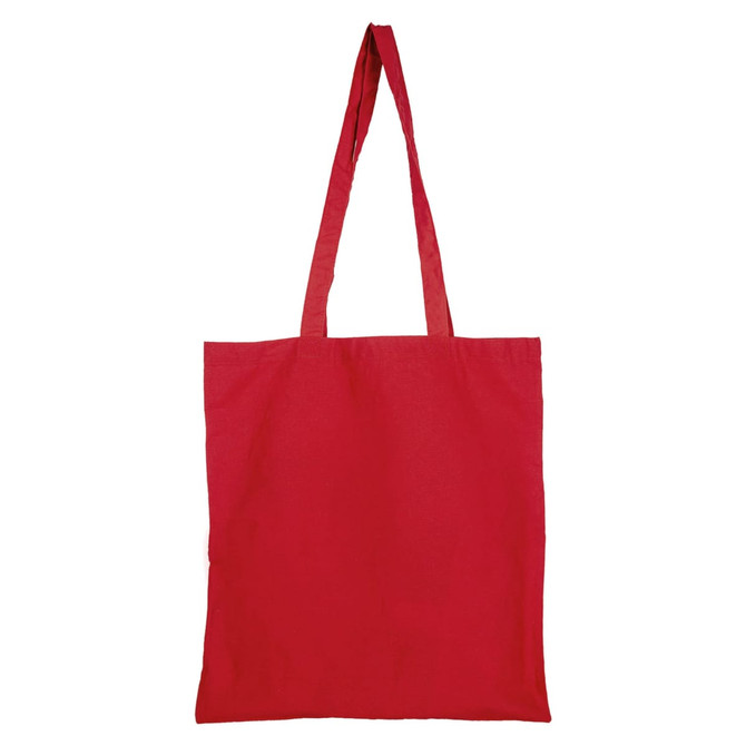 A red tote bag with long handles and no gusset, featuring a logo.