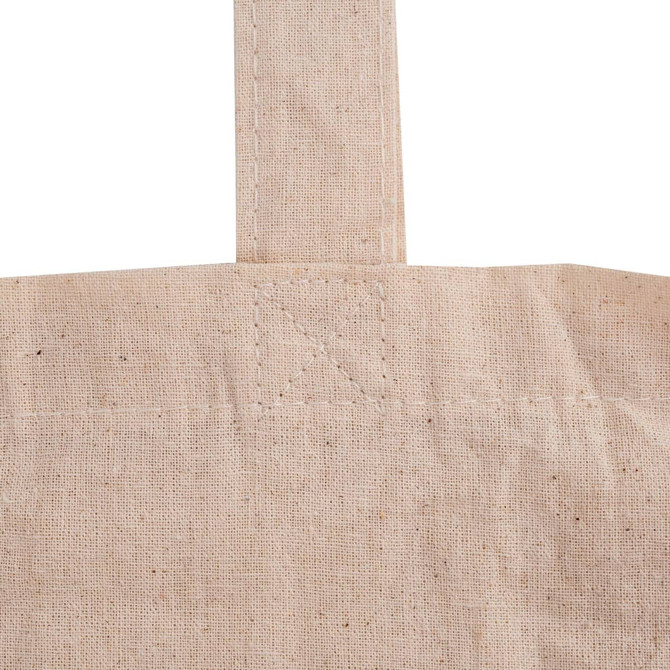 A beige calico tote bag featuring a long handle and a simple design. The bag has visible stitching details.