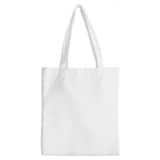 A white tote bag with two shoulder straps and a logo. The bag features a simple, plain design.