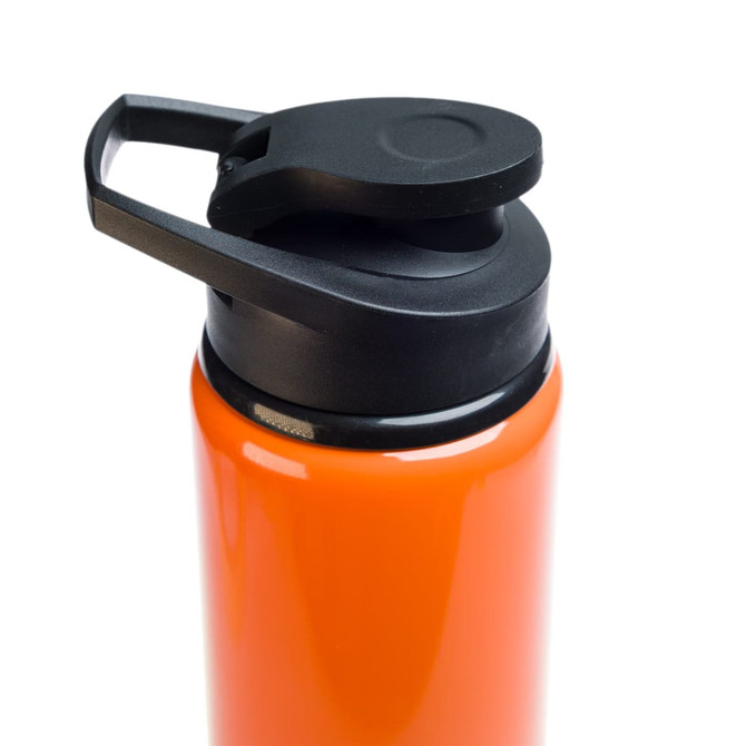 A drink bottle in vibrant orange with a black free flow lid and a handle for easy carrying.