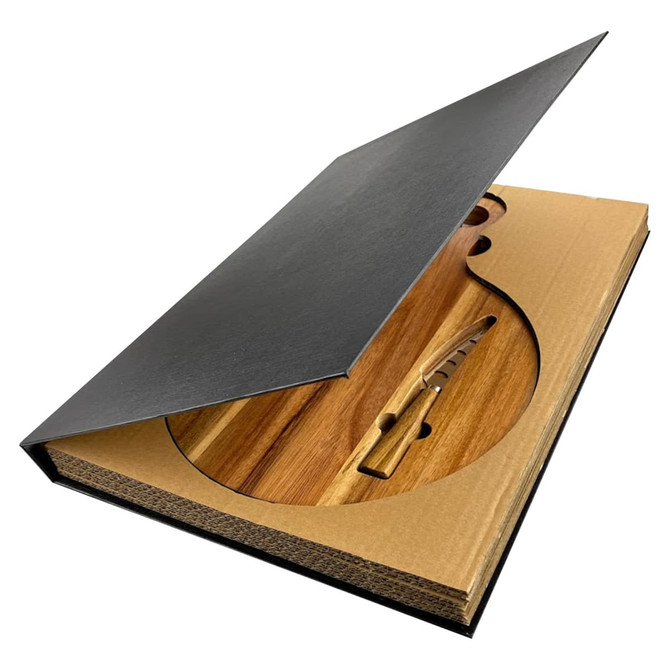 A wooden cheeseboard in a unique guitar shape with a knife, presented in a black and brown box.
