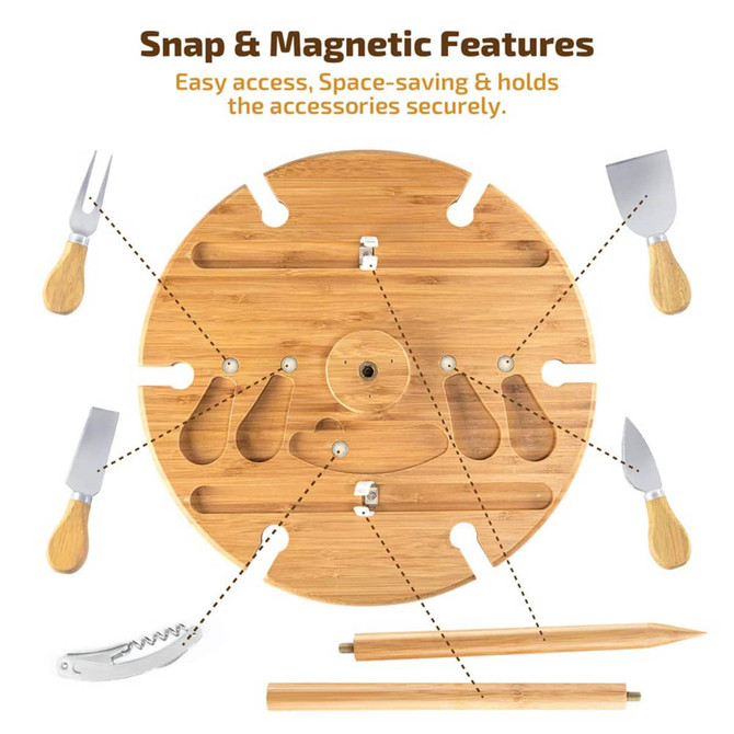 A bamboo circular table with various tools and accessories organised in slots, featuring snap and magnetic elements.