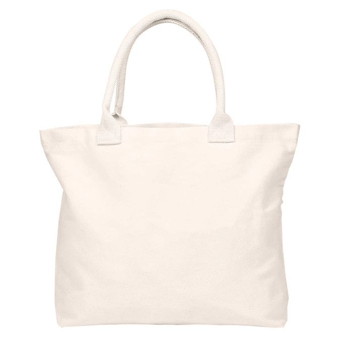 A cream tote bag with sturdy handles and no gusset design, featuring a logo.