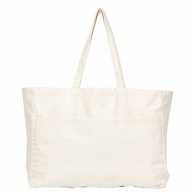 A large, cream-coloured tote bag with two sturdy handles and a front pocket. It features a branding logo.