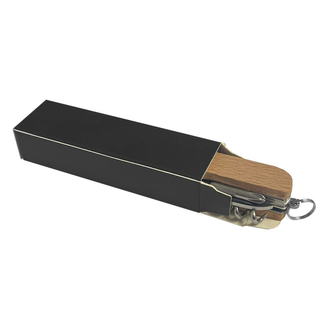 A compact knife with a wooden handle, packaged in a black box, featuring a keyring attachment.