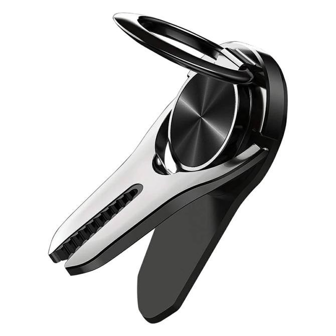 A black and silver car vent phone holder ring with a circular grip and adjustable clamp. It features a logo.